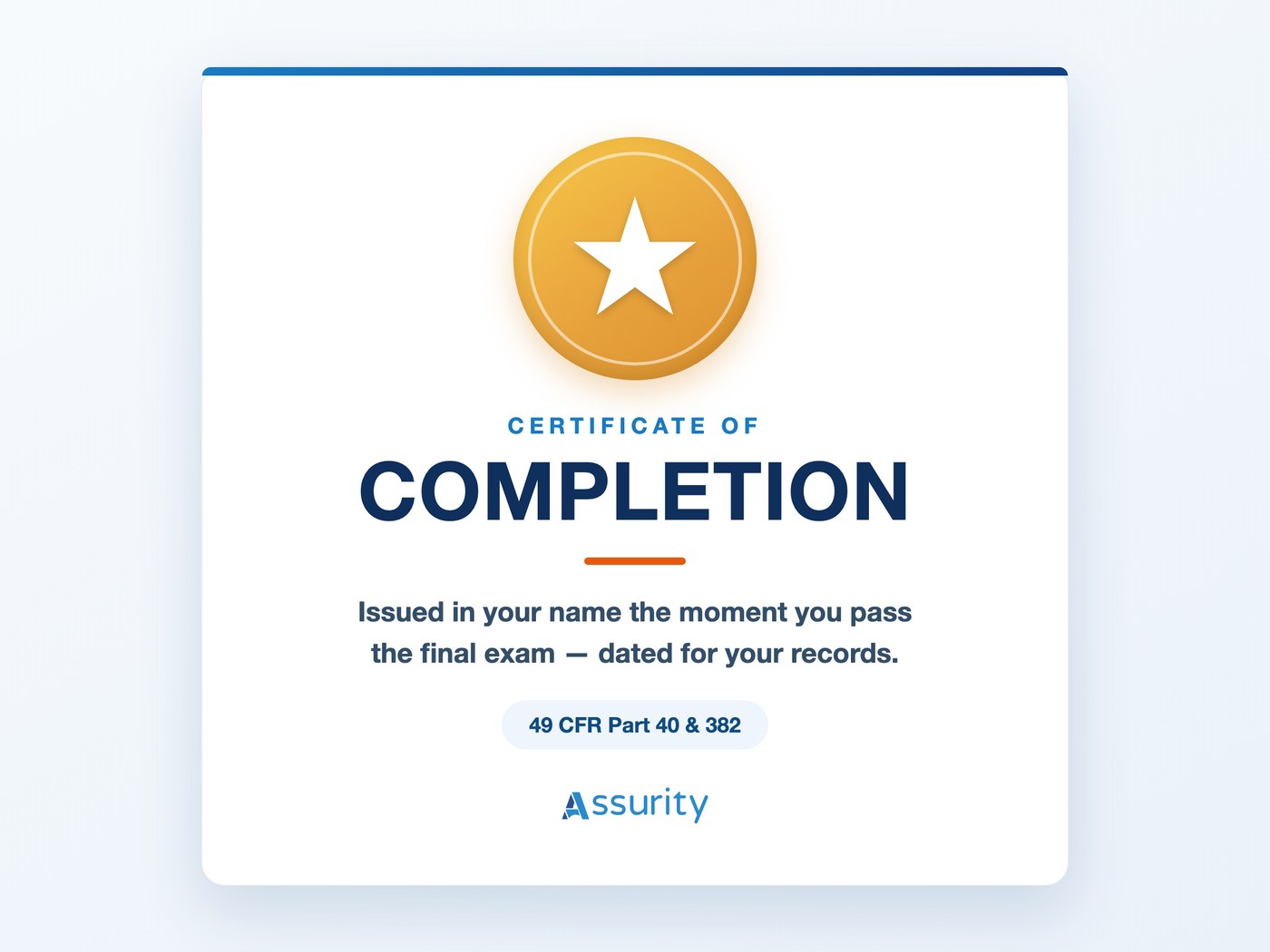 Certificate of completion awarded on passing the final exam — DOT DER Training, 49 CFR Part 40 & 382