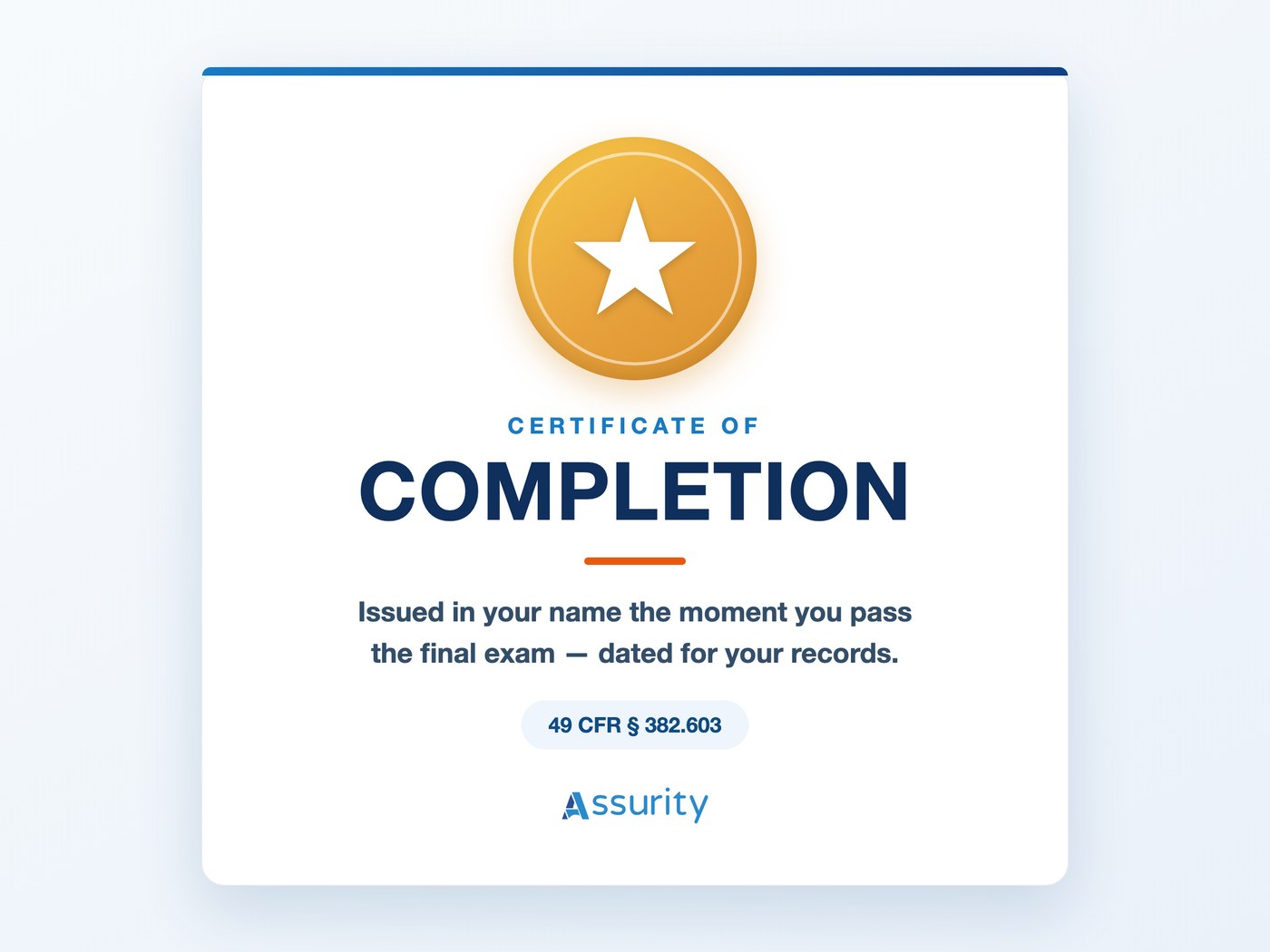 Certificate of completion awarded on passing the final exam — Reasonable Suspicion Supervisor Training, 49 CFR § 382.603
